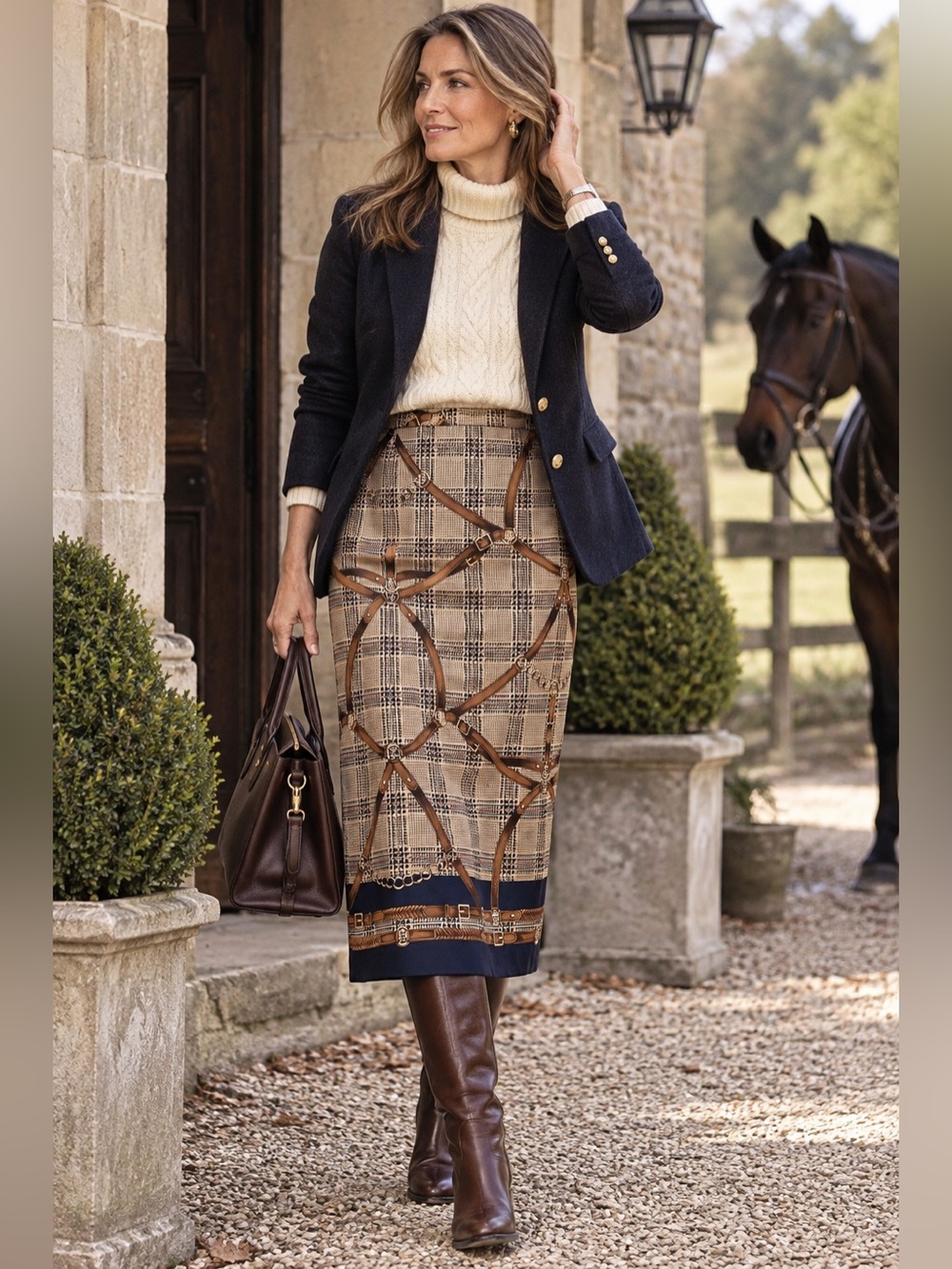 VTG 90s Equestrian Bridle Print Midi Skirt Size 10